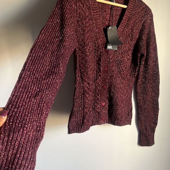 NEW PAIGE Nanari Metallic Cable Knit V-Neck Cardigan in Burgundy Sparkle - Picture 6 of 11